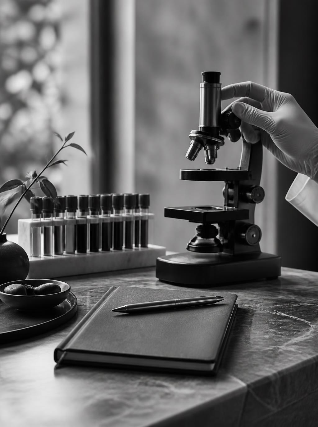 Provider adjusting a microscope beside a rack of blood samples in a calm, light-filled clinical space